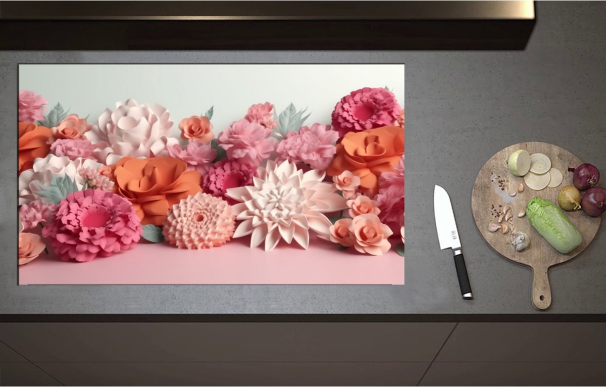 Inductieplaat Beschermer - Boeket van Papieren Bloemen - 95x55 cm - 2 mm Dik - Inductie Beschermer - Bescherming Inductiekookplaat - Kookplaat Beschermer van Zwart Vinyl