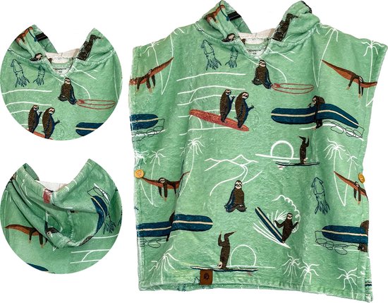 ABSRB Surfponcho Surfsloths Kids - Sneldrogend, 50% katoen en 50% polyester - Strandhanddoek met capuchon voor jongens en meisjes - poncho