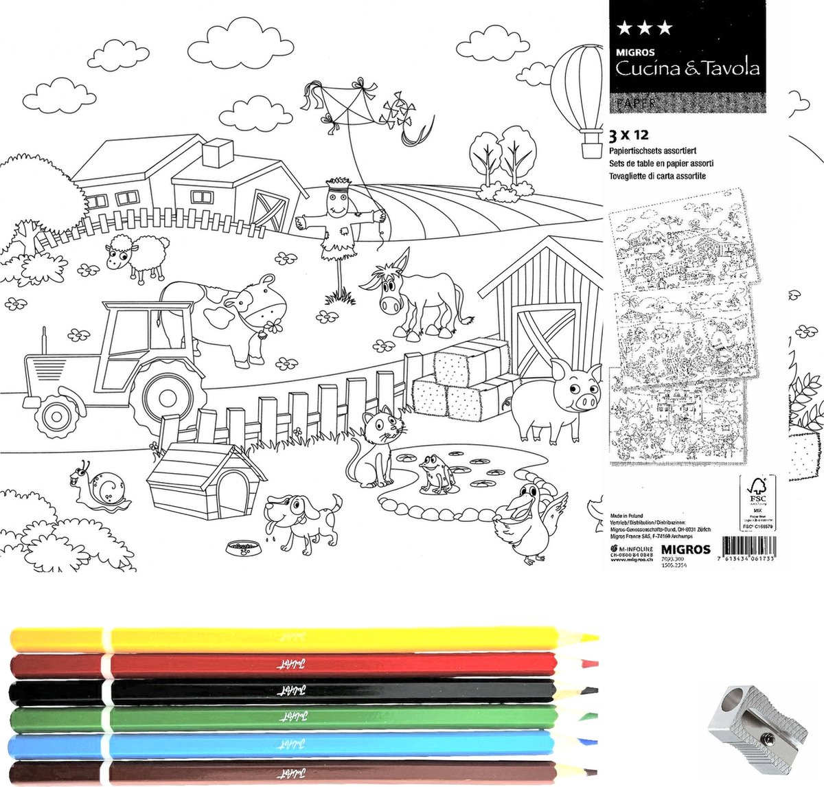 Image of 216 papieren placemats kleurplaten - 3 Designs - 6 x 6 kleurpotloden - 6 puntenslijpers - 42 x 30 cm