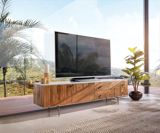 TV-meubel Bahan mango teak 175 cm 2 deuren 2 schuifladen marmerblad wit