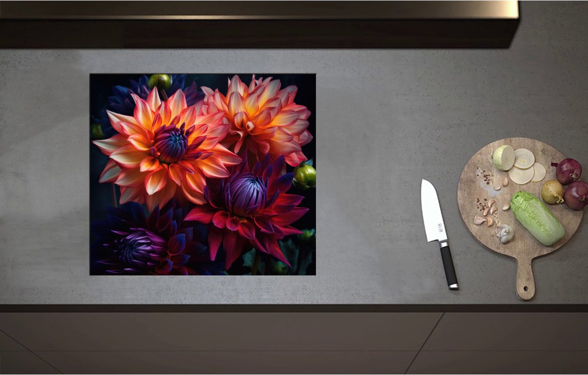 Inductieplaat Beschermer - Boeket van Oranje en Paarse Bloemen - 58x52 cm - 2 mm Dik - Inductie Beschermer - Bescherming Inductiekookplaat - Kookplaat Beschermer van Zwart Vinyl