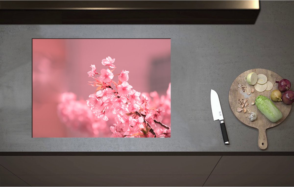 Inductieplaat Beschermer - Bloeiende Kersenbloesem aan Tak - 71x51 cm - 2 mm Dik - Inductie Beschermer - Bescherming Inductiekookplaat - Kookplaat Beschermer van Zwart Vinyl
