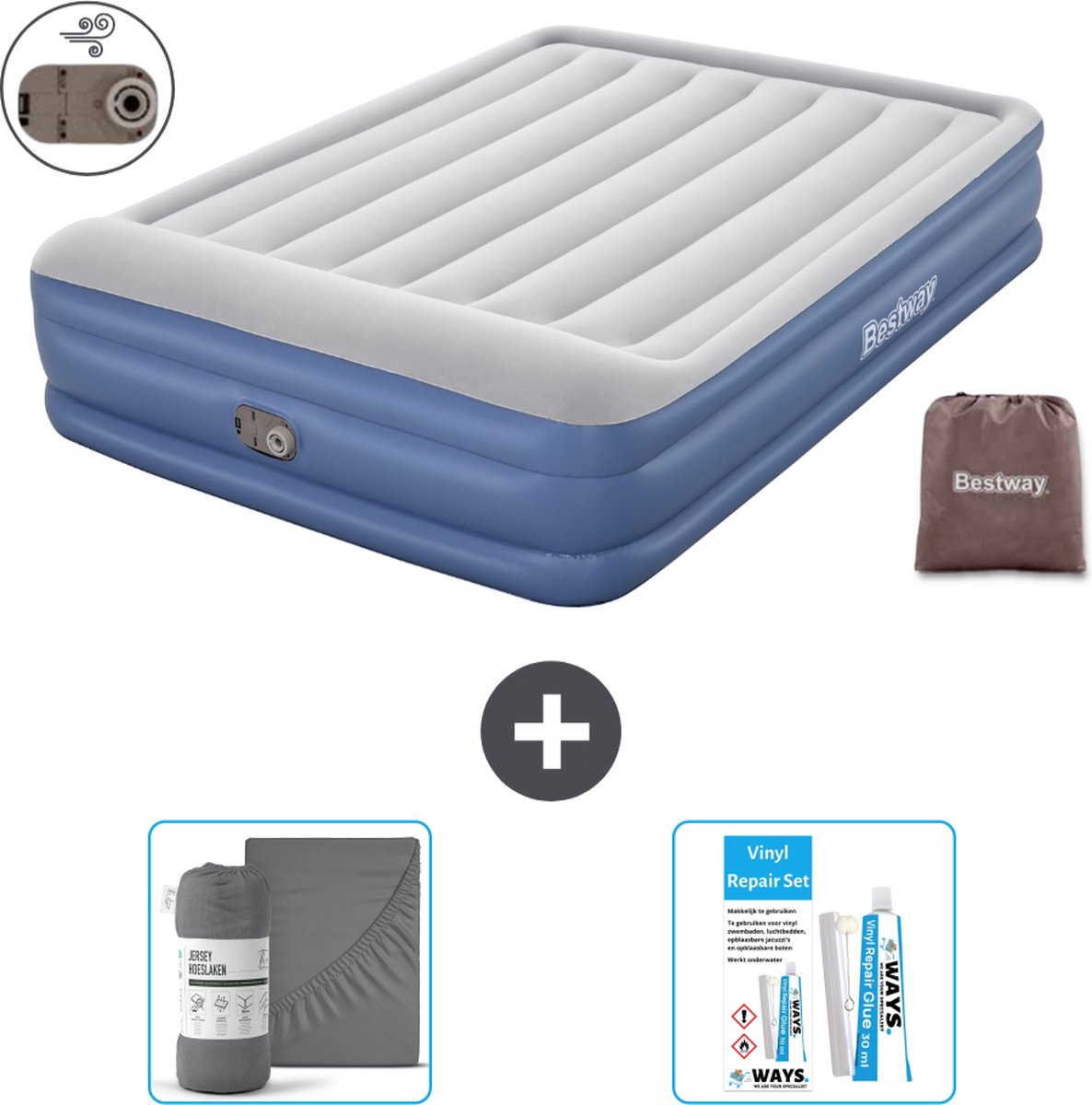 Bestway luchtbed - 2-Persoons - 152 x 203 x 46 cm - Grijs/Blauw - Inclusief pomp - Hoeslaken en Reparatieset