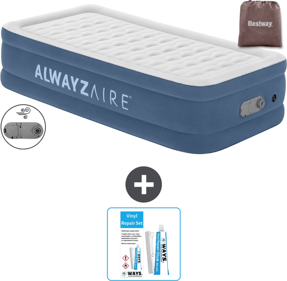 Bestway Alwayszair luchtbed - 1-Persoons - 97 x 191 x 46 cm - Blauw - Inclusief pomp - Reparatieset
