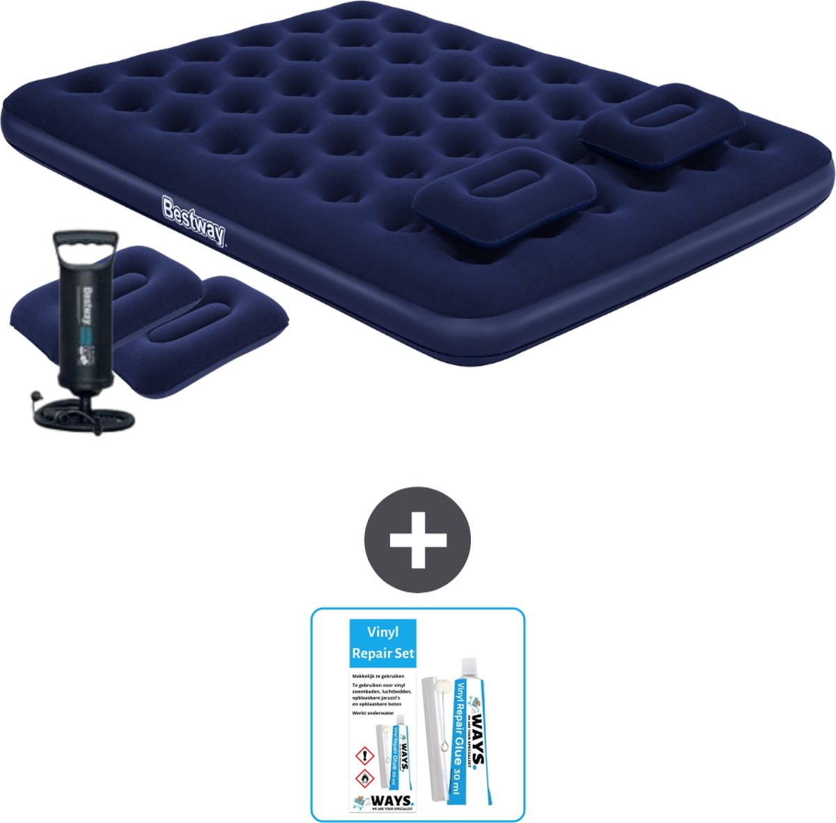 Bestway luchtbed - 2-Persoons - 152 x 203 x 22 cm - Blauw - Inclusief handpomp - kussens - Reparatieset