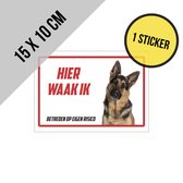 Sticker/ waakbordje | "Hier waak ik" | Duitse Herder | 15 x 10 cm | Herdershond | Hond | Dog | Gevaarlijke hond | Afschrikmiddel | Voor binnen en buiten | 1 stuk