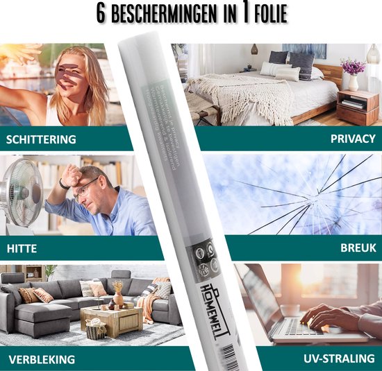 Een collage van 6 afbeeldingen die de voordelen van raamfolie tonen: schittering, privacy, hitte, breuk, verbleking en UV-straling.