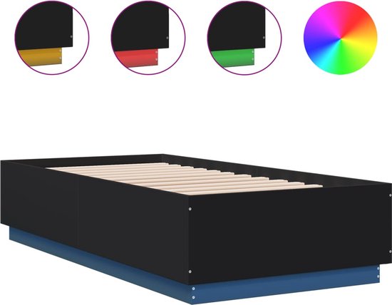 vidaXL - Bedframe - met - LED-verlichting - bewerkt - hout - zwart - 90x190 - cm
