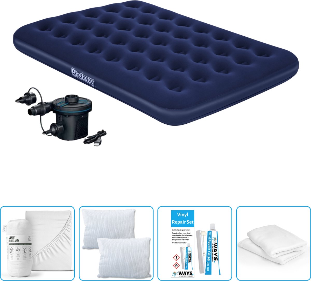 Bestway luchtbed - Twijfelaar - 137 x 191 x 22 cm - Blauw - Inclusief pomp - Hoeslaken - Kussen - Kussenbeschermer en Reparatieset