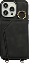 CaseMania Backcase hoesje geschikt voor iPhone 15 - Effen Zwart - Kunstleer - met Nekkoord, Wallet en Spiegeltje