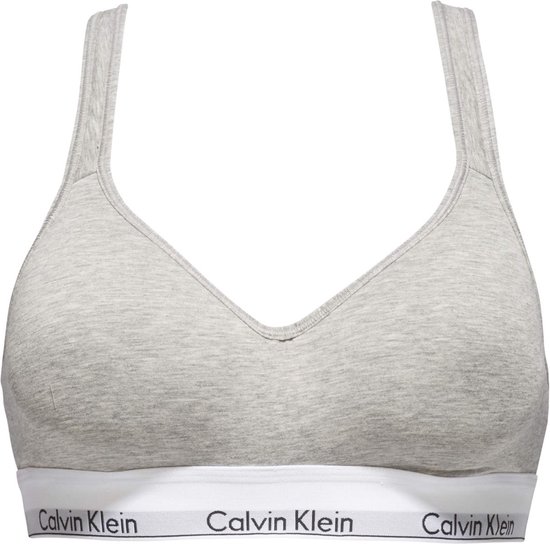Grijze Calvin Klein bralette met V-hals en witte tailleband met logo.