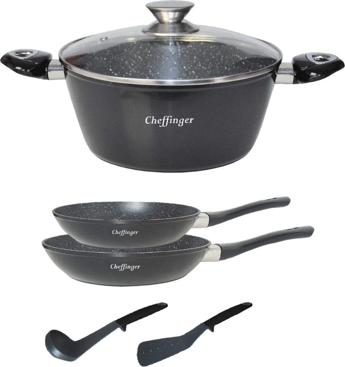 Cheffinger Pannenset - 6-delig - Koekenpan - Braadpan - Kookgerei - Zwart