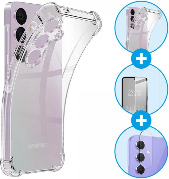 Coque transparente antichoc adaptée pour Samsung Galaxy A55 + protecteur d'écran en Tempered Glass 9H + protecteur d'appareil photo transparent | Kit de Protection 360°