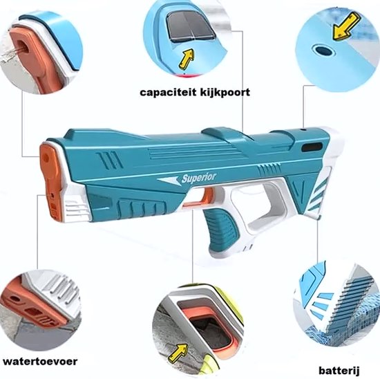 Pistolet à Eau électrique Automatique – Rechargeable USB, Grand Réservoir, Bleu, Pour Jeux D'eau