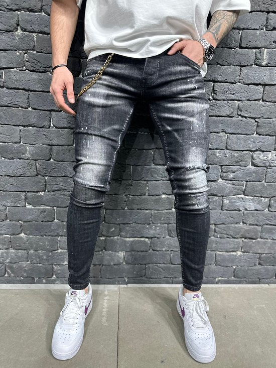 Mannen Stretchy Ripped Skinny Biker Borduurwerk Cartoon Print Jeans Vernietigd Hole Slim Fit Denim Hoge Kwaliteit Jeans - W30