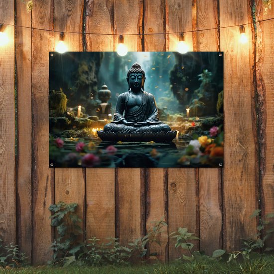 Tuinposter Boeddha - Tuindecoratie Buddha beeld - 120x80 cm - Tuindoek - Muurdecoratie voor buiten - Schuttingposter - Tuinschilderijen Japan zen - Tuinwanddecoratie - Tuinposters