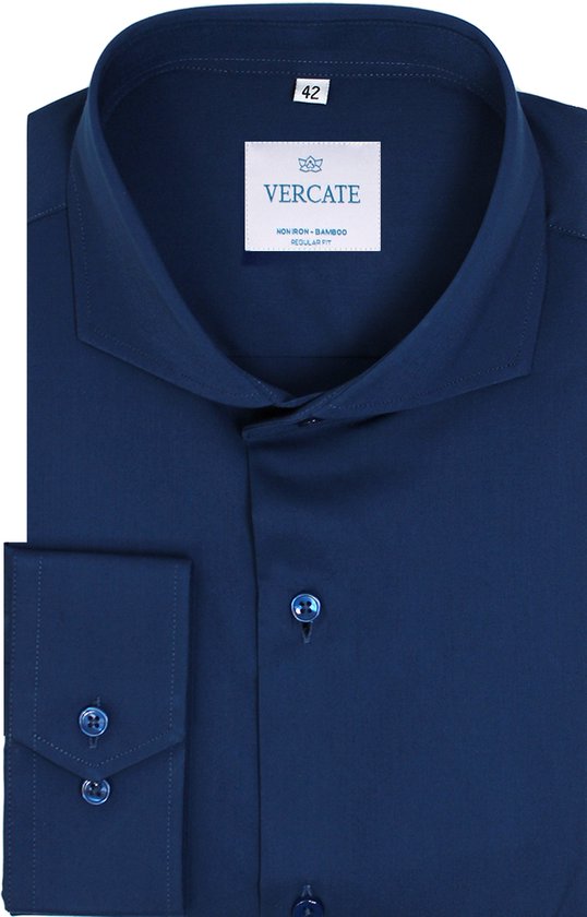 Vercate - Strijkvrij Overhemd - Navy - Marine Blauw - Regular Fit - Bamboe Katoen - Lange Mouw - Heren - Maat 38/S