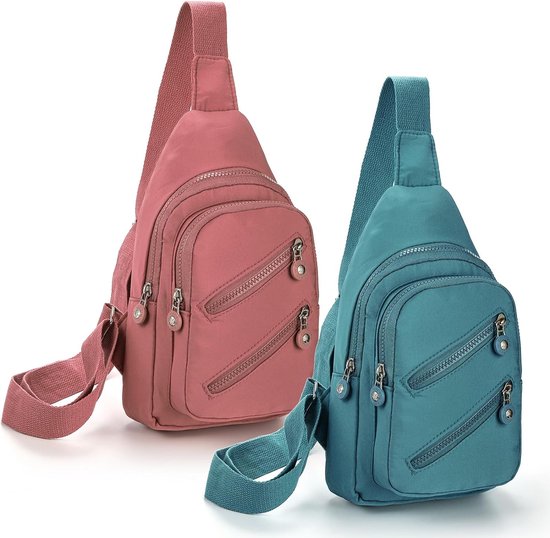 Pack van 2 Sling Bag voor dames, kleine borsttas, schoudertas, Sling-rugzak voor werk, reizen, wandelen, buiten, roze en groen, roze, groen