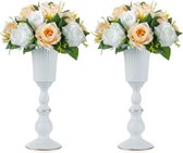 Set van 2 metalen bloemenvazen, witte tafeldecoratie, middelpunt, elegante bruiloftsmiddenstukken, vaas voor feest, jubileumfeestdecoratie, 31,9 cm hoge kunstbloemarrangementen