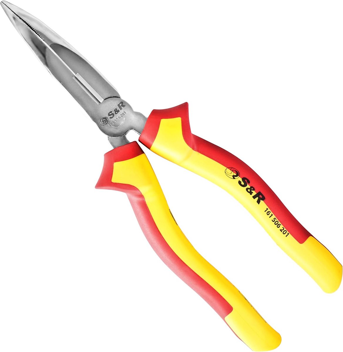 Platte ronde tang gebogen 200 mm met snijkant punttang hitte- en inductiegehard voor professioneel gebruik hardheid HRC 66 2-componenten handgrepen met antislipbescherming ooievaarbek