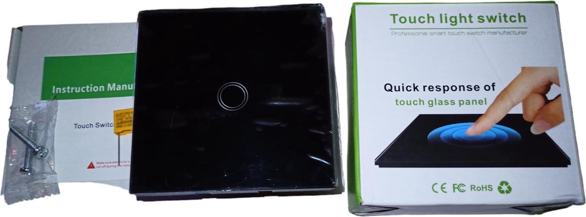 TB one touche muur schakelaar voor 1 lichtpunt gemaakt van Zwart glas 3 tot 300 Watt schakelt de fase