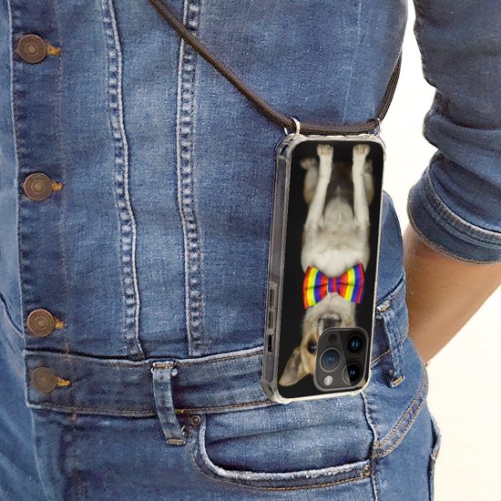 Étui de téléphone adapté à Apple Iphone 14 Pro - Chien - Noeud - Zwart - Siliconen - Bandoulière - Coque arrière avec cordon - Étui de téléphone avec cordon - Étui avec corde