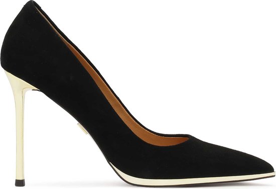 Black suede pumps with gold heel
