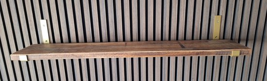 Hoexs - Bois de manguier - 80 cm - Y compris Porte-étagères en métal Goud - Industriel - Etagère murale - Décoration - Etagère de cuisine