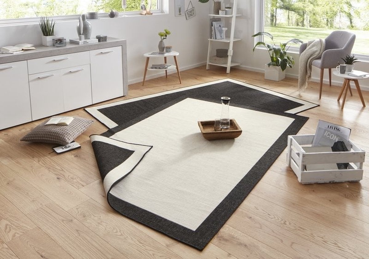 Flycarpets Omkeerbaar Vloerkleed - Binnen & Buitenkleed Panama- Zwart / Creme - 120x170 cm