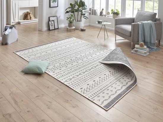 Flycarpets Omkeerbaar Buitenkleed / Vloerkleed - Kuba - Grijs / Creme - 80x150 cm - Laagpolig Tuintapijt / Buitentapijt / Tuinkleed