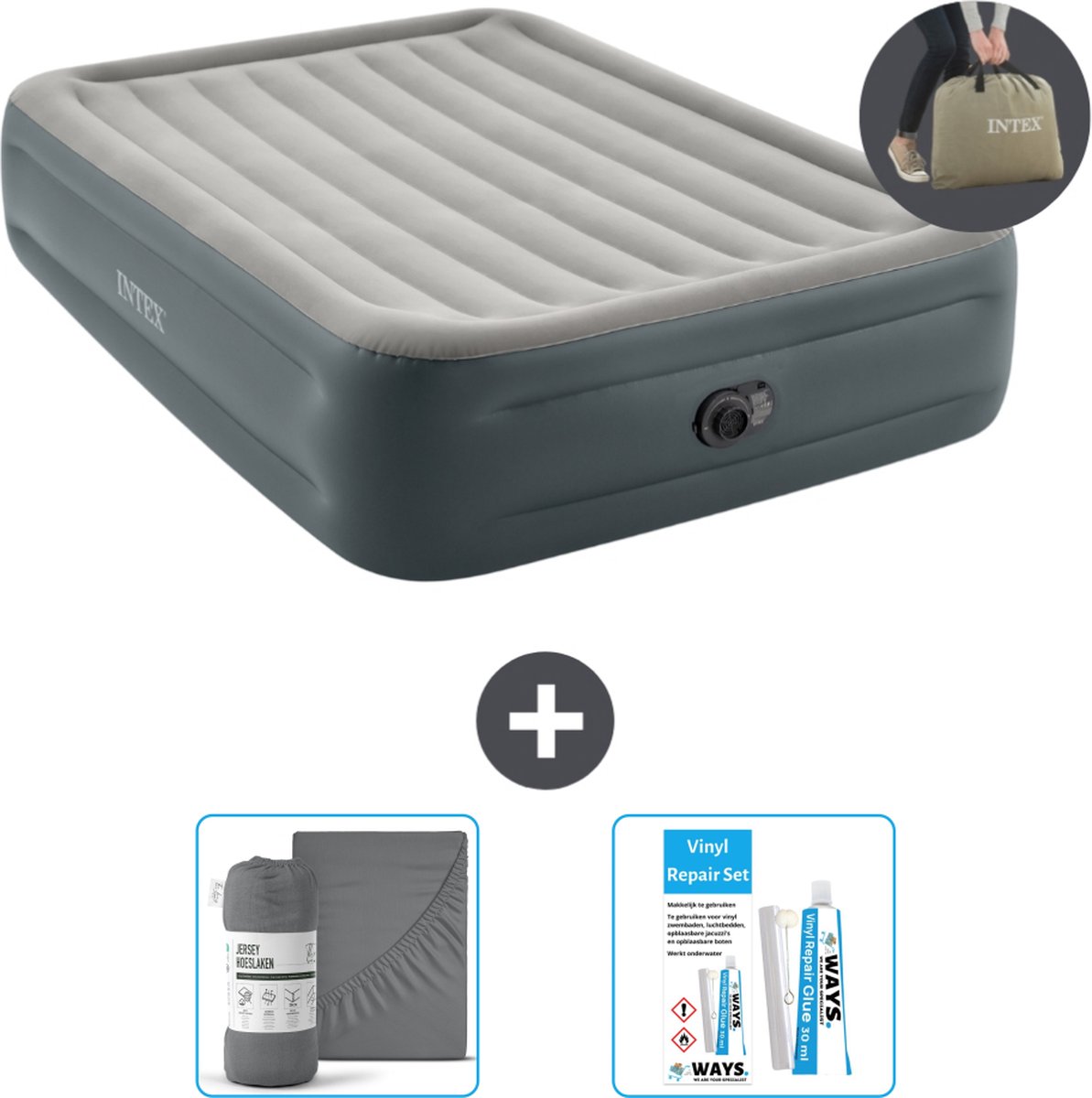 Intex Luchtbed - 2-Persoons - 152 x 203 x 46 cm - Grijs - Inclusief pomp - Accessoires CB20