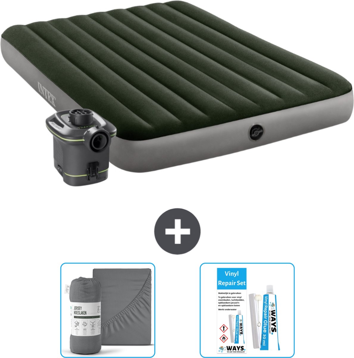 Intex Luchtbed - 2-Persoons - 152 x 203 x 25 cm - Groen - Inclusief pomp - Hoeslaken en Reparatieset