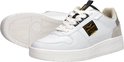 Witte PME Legend sneakers met beige suède accenten en een geel/zwart logo op de zijkant.