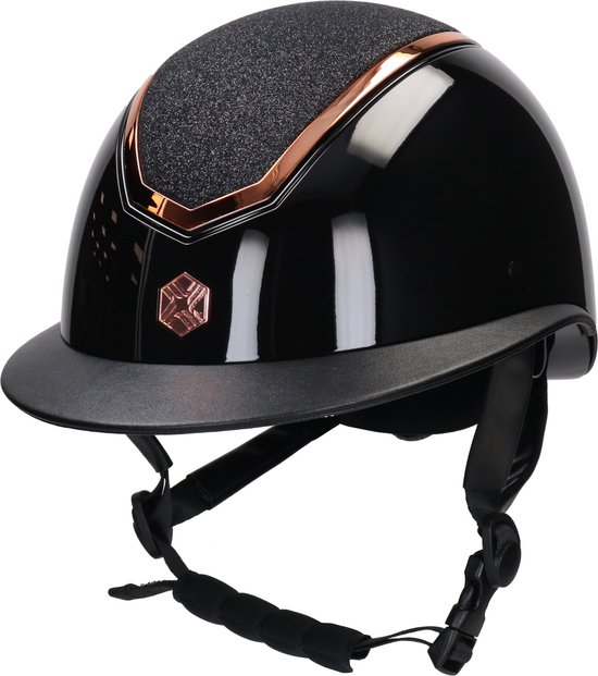 Zwarte glanzende paardrijhelm met roségouden accenten en glitterpaneel bovenop.