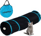 Relaxdays kattentunnel - 90 cm - polyester - met speeltje - speeltunnel katten - rond - zwart