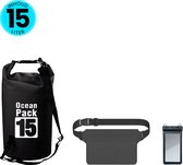 Somstyle 3-in-1 Drybag Set 15 Liter - Droog Tas, Heuptas & Telefoonhoes Waterdicht - Outdoor, Vakantie, Travel & Zwemmen - Zwart
