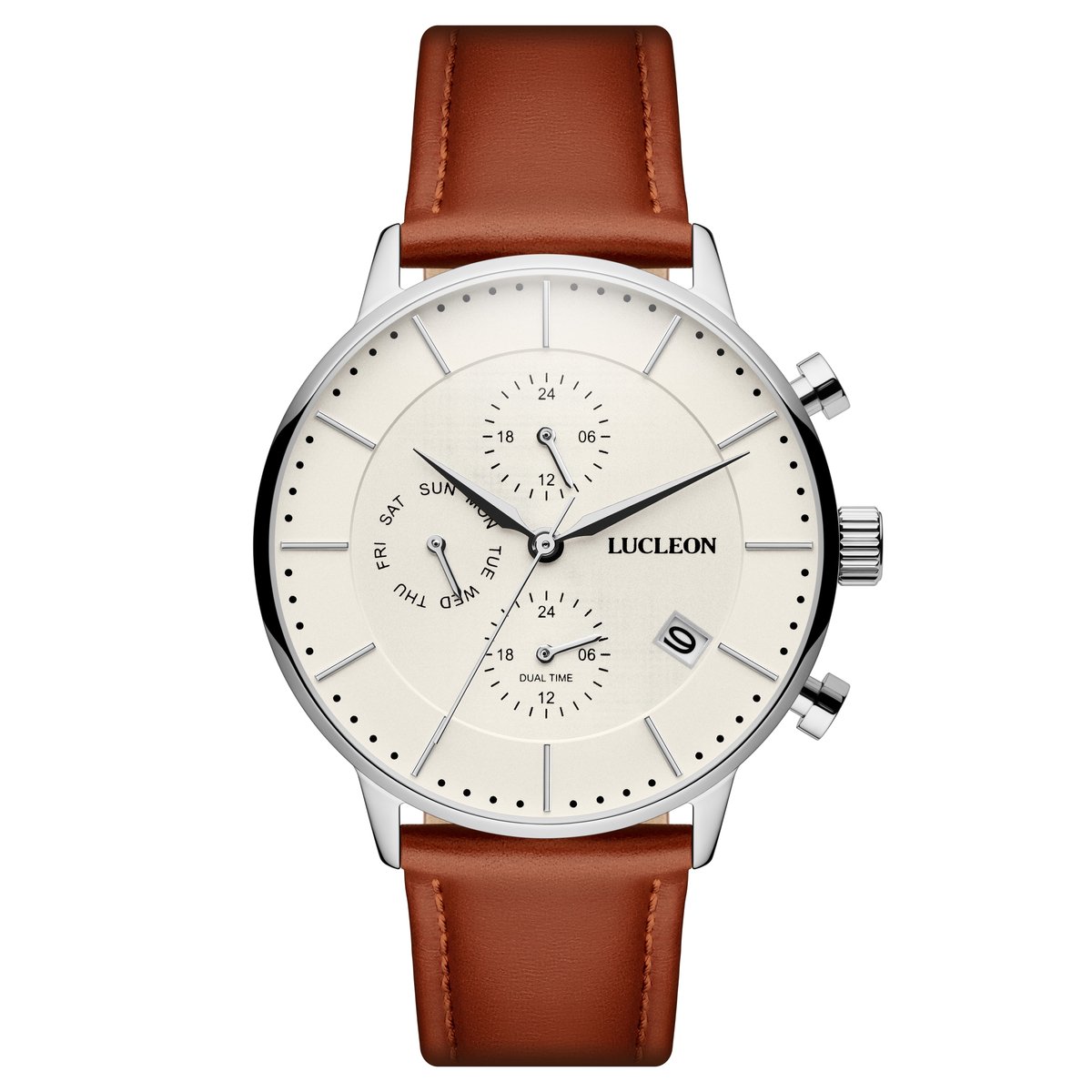 Lucleon Ternion zilverkleurig en crèmekleurig roestvrijstalen horloge met dubbele tijdzone voor heren