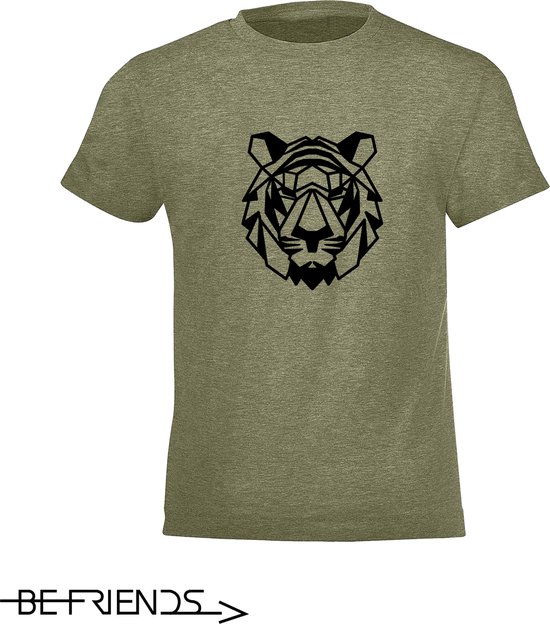 Be Friends T-Shirt - Tijger - Kinderen - Kaki groen - Maat 1-2 jaar