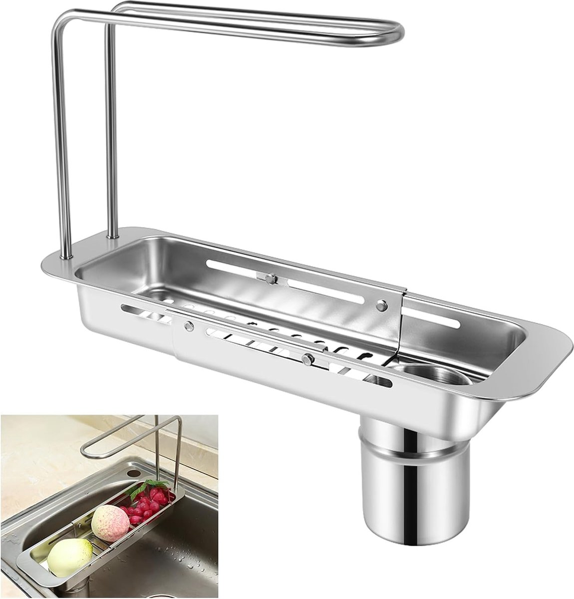 Goedkoopste Telescopische spoelbak-organizer, multifunctionele keukenspoelbakorganizer met handdoekhouder, roestvrij staal, spoelbakrek, sponshouder, keuken, afvoerrek
