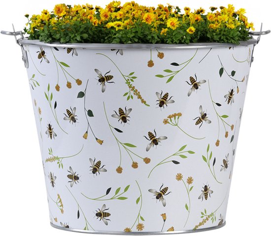 Esschert Design Emmer/plantenpot/bloempot Happy Bee - zink - print - L26 x D24 X H19 cm