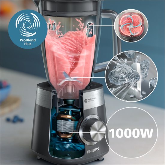 Philips Blender HR3020/20 - Krachtige 1000 Watt Motor – Veelzijdig Gebruik - Vaatwasserbestendig - 1.5l Kan - Grijs