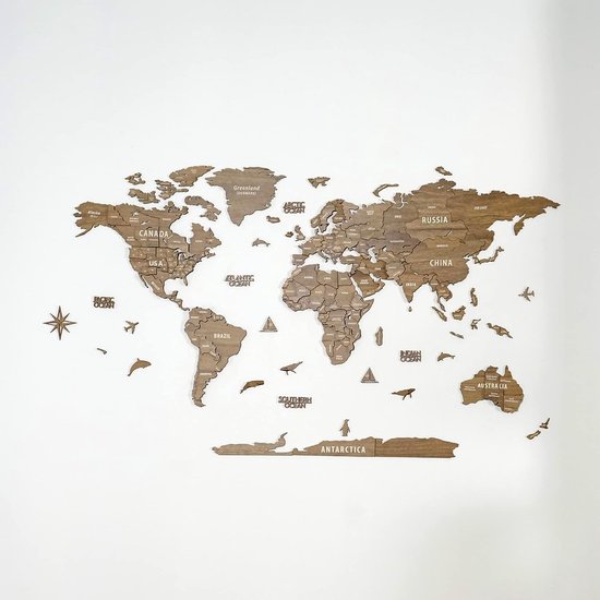 wereldkaart van hout, meerlaagse reiskaart met hoofdsteden, wanddecoratie voor nieuw huis, cadeau voor reizigers, kantoordecoratie (M, veganistisch)