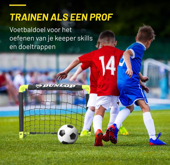 Kinderen spelen voetbal met een klein Dunlop voetbaldoel op een grasveld.