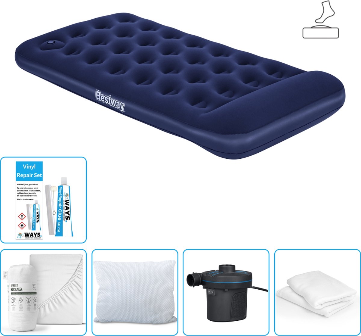 Bestway luchtbed - 1-Persoons - 99 x 188 x 28 cm - Blauw - Inclusief pomp - Hoeslaken - Kussen - Kussenbeschermer - Pomp en Reparatieset