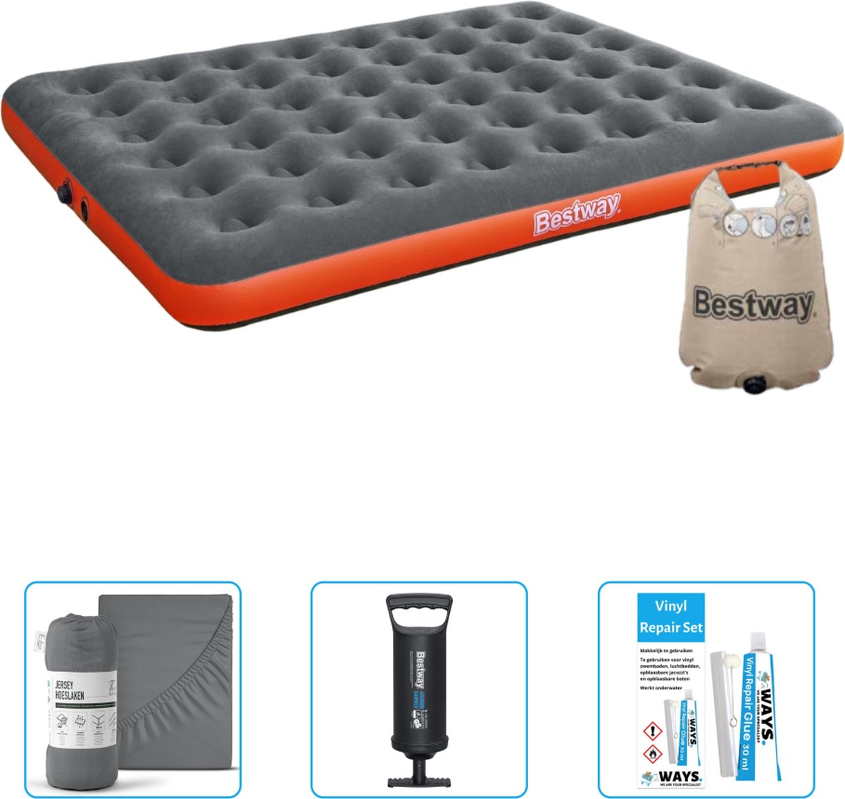 Bestway luchtbed - 2-Persoons - 152 x 203 x 22 cm - Grijs/Oranje - Inclusief Hoeslaken - Pomp en Reparatieset