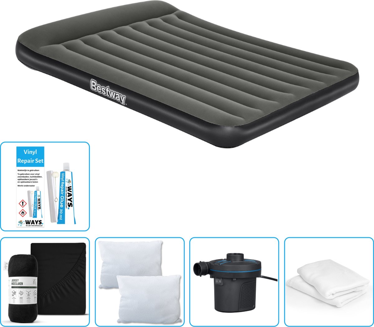 Bestway luchtbed - 2-Persoons - 152 x 203 x 30 cm - Groen - Inclusief Hoeslaken - Kussen - Kussenbeschermer - Pomp en Reparatieset
