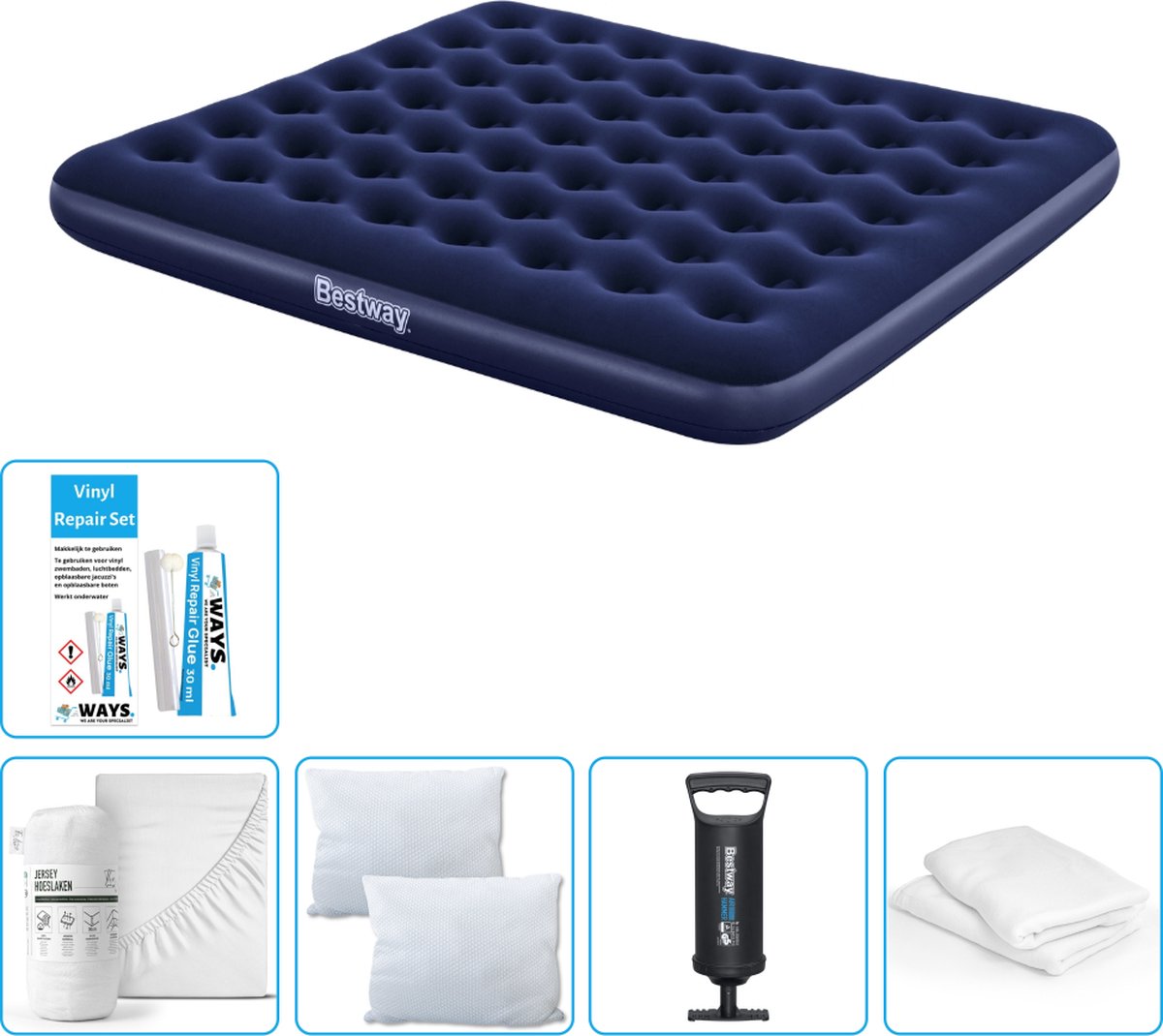 Bestway luchtbed - 2-Persoons - 183 x 203 x 22 cm - Blauw - Inclusief Hoeslaken - Kussen - Kussenbeschermer - Pomp en Reparatieset