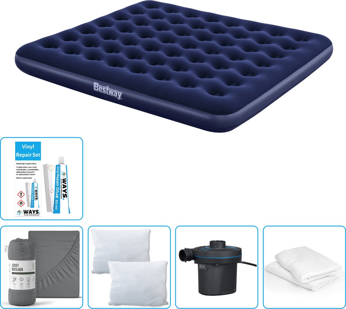 Bestway luchtbed - 2-Persoons - 183 x 203 x 22 cm - Blauw - Inclusief Hoeslaken - Kussen - Kussenbeschermer - Pomp en Reparatieset