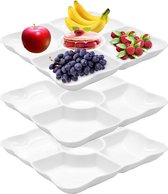 Snackborden met vakken, 3 stuks, 5 vakken, snackverdeler, dienblad, fruitborden met vakken van kunststof, herbruikbaar, duurzaam, voor noten, desserts, verse snacks (wit)