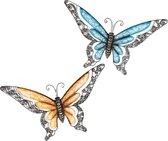 Anna Collection Wanddecoratie vlinders - 2x - blauw/oranje - 49 x 28 cm - metaal - muurdecoratie - tuin beelden